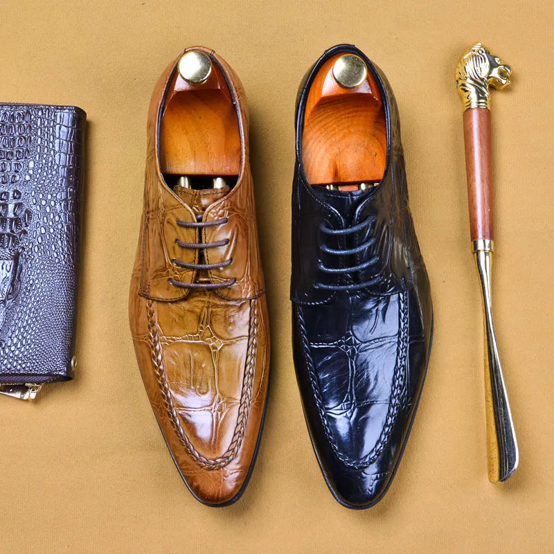 Men's black alligator pattern leather shoes with horse bit buckle and rubber sole