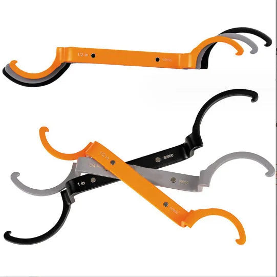 Three colour-coded magnetic crescent wrenches with suction cups - orange, grey, and black spanner set