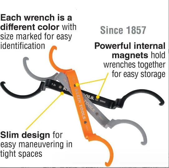 Three colour-coded magnetic crescent wrenches with suction cups - orange, grey, and black spanner set