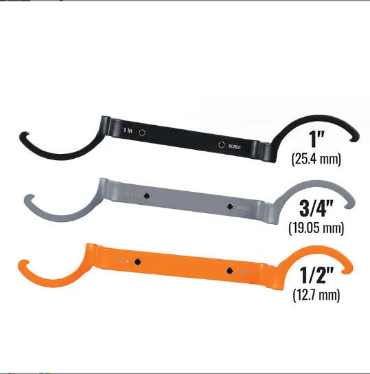 Three colour-coded magnetic crescent wrenches with suction cups - orange, grey, and black spanner set