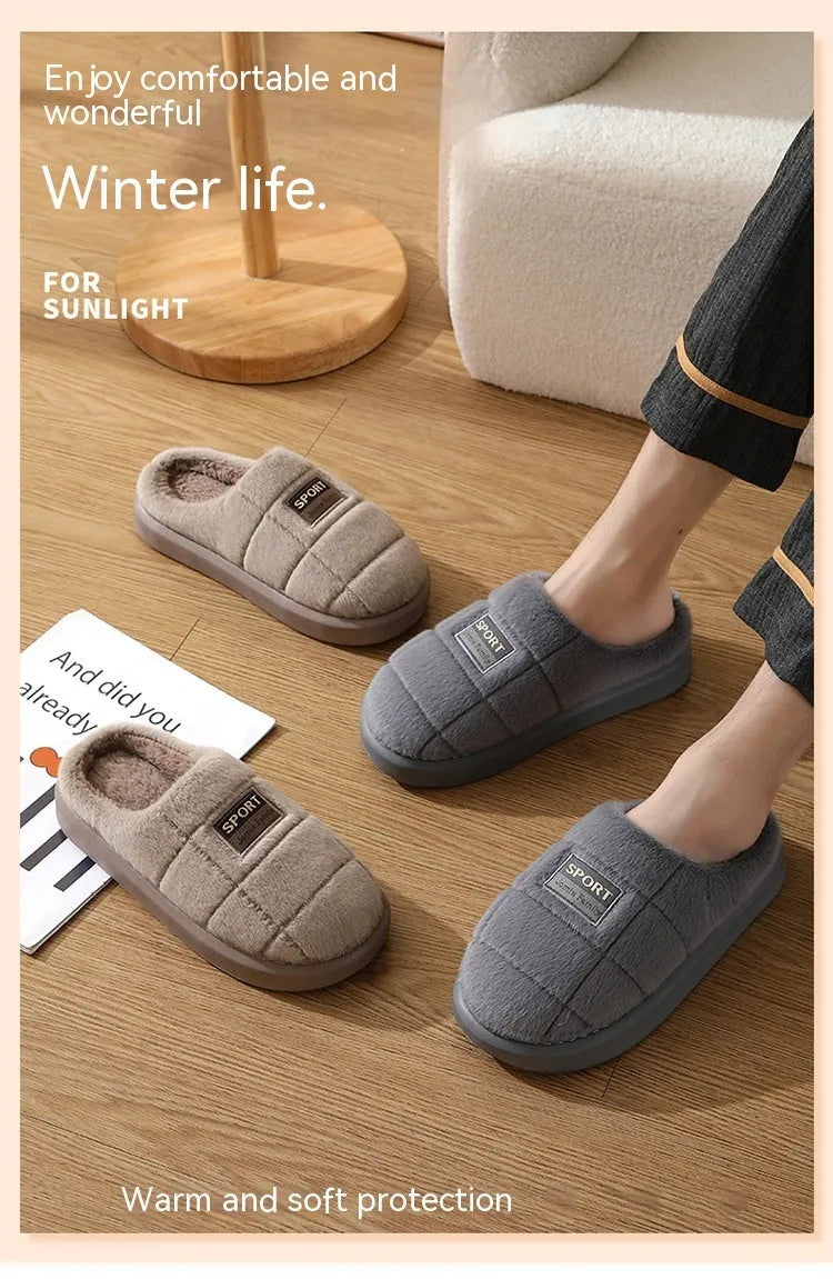 Men's plaid pattern slippers with thick sole and artificial wool lining in grey and brown colour options