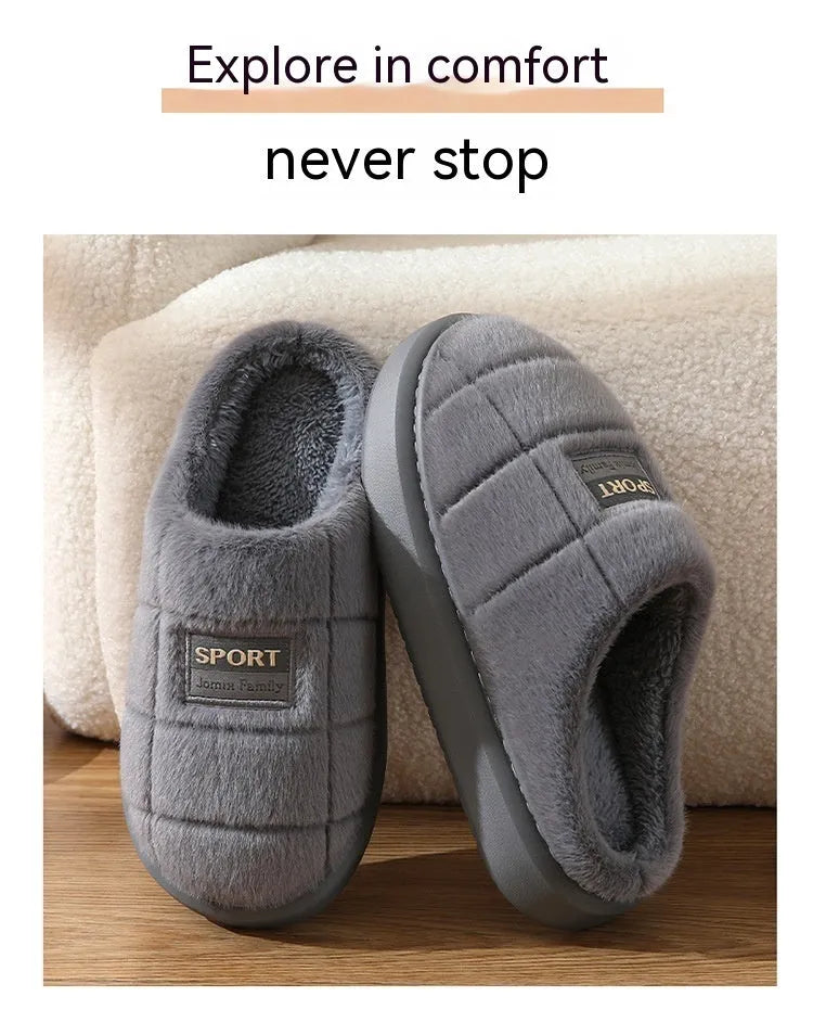 Men's plaid pattern slippers with thick sole and artificial wool lining in grey and brown colour options