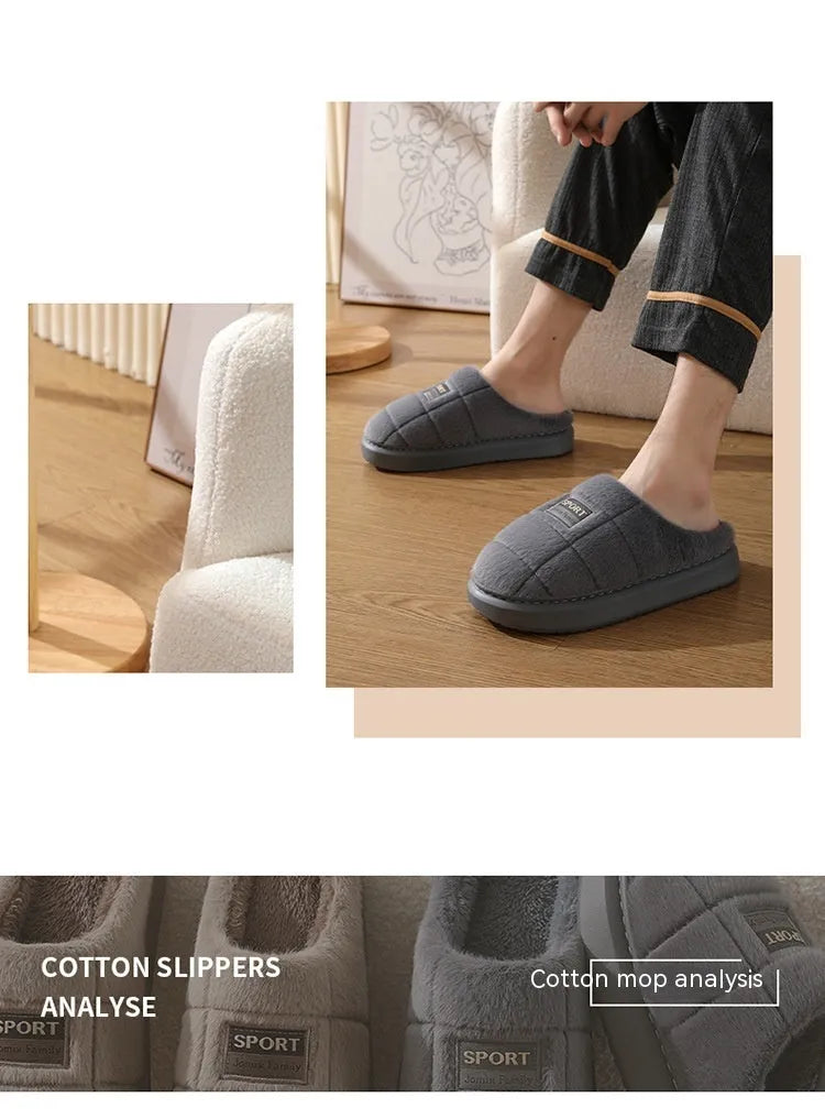 Men's plaid pattern slippers with thick sole and artificial wool lining in grey and brown colour options