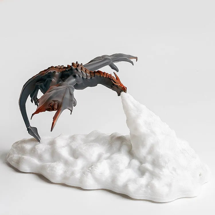 3D printed red dragon night light with breathing glow effect on bedside table