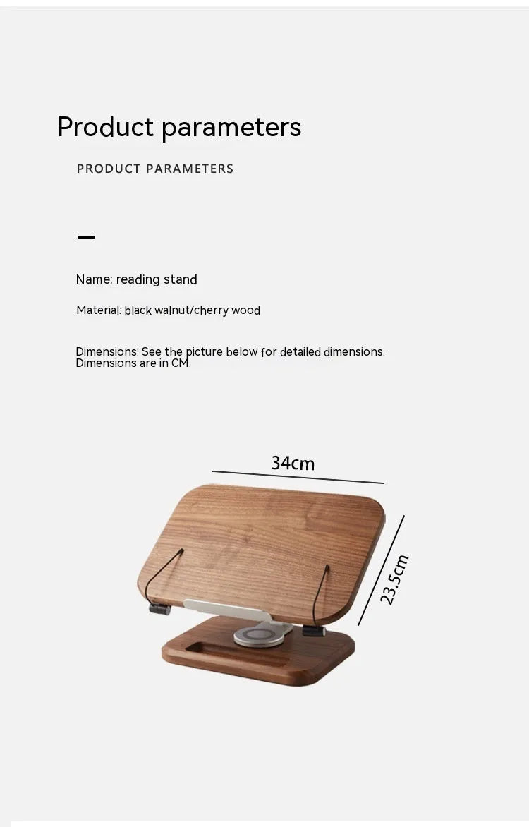 Black walnut solid wood reading rack with adjustable rotating mechanism shown in walnut colours