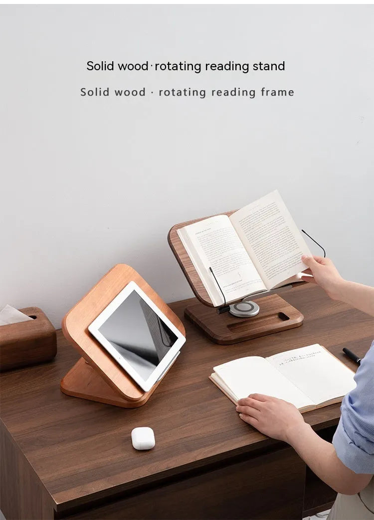 Black walnut solid wood reading rack with adjustable rotating mechanism shown in walnut colours
