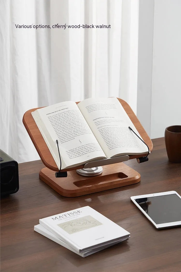 Black walnut solid wood reading rack with adjustable rotating mechanism shown in walnut colours