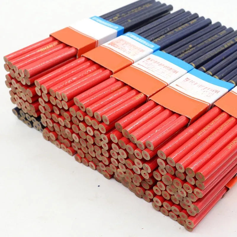 Ten red and blue two-colour carpenter's pencils with round wooden construction