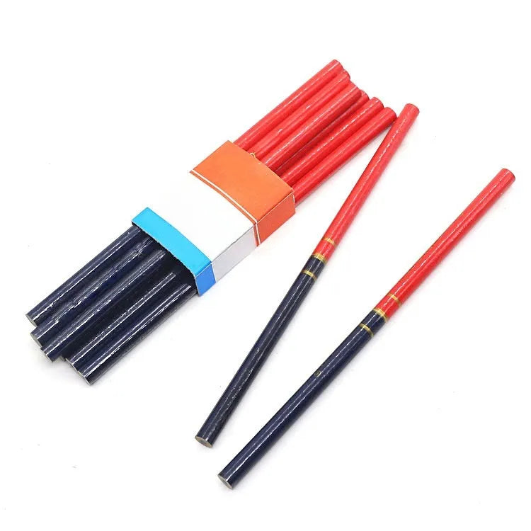 Ten red and blue two-colour carpenter's pencils with round wooden construction