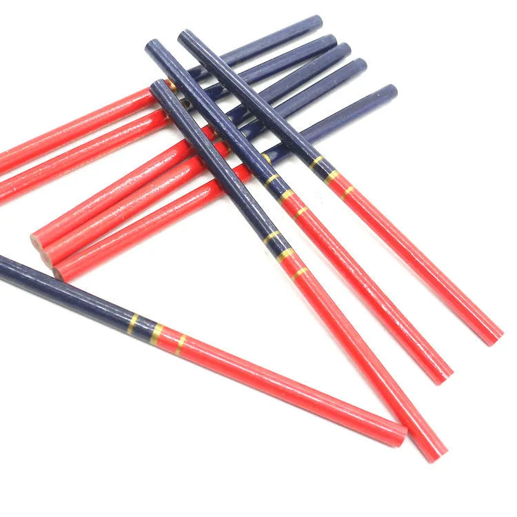 Ten red and blue two-colour carpenter's pencils with round wooden construction