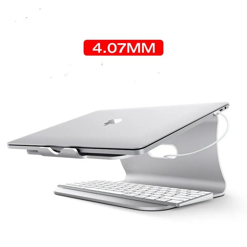 Aluminium alloy laptop cooling bracket with striped silver finish and adjustable rotary stand.
