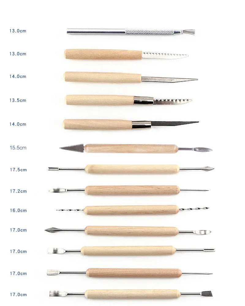 Brown 27-piece pottery clay sculpting tool set with wooden handles and stainless steel ends, includes storage bag.