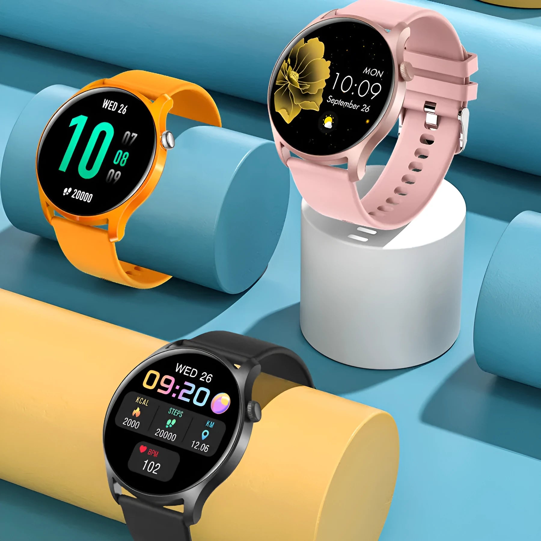 A pink smart watch with a silicone band displaying a heart rate reading on its screen.