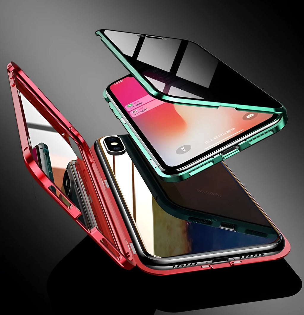 Black clamshell magnetic phone case for Samsung Galaxy phones with anti-peeping screen protection.