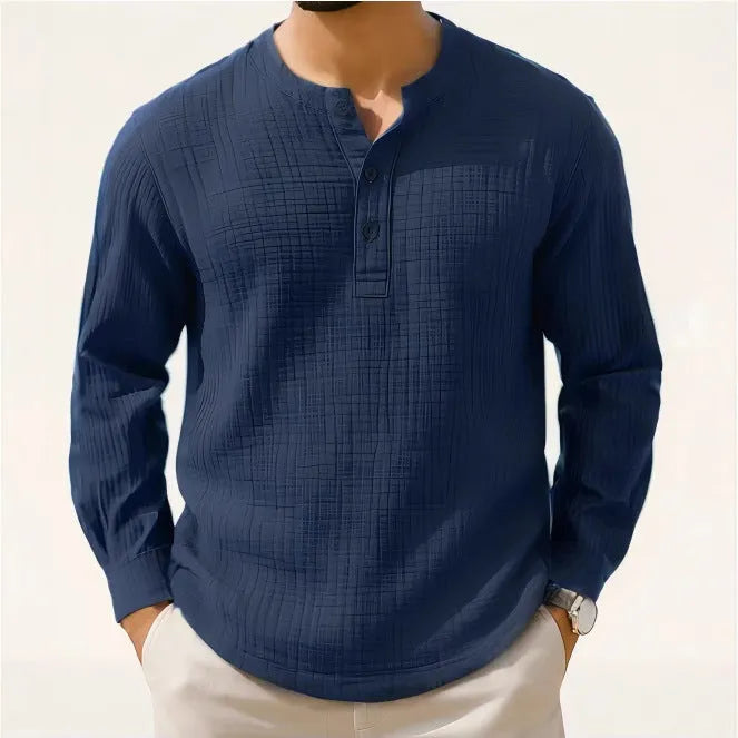 Slim fit cotton linen long sleeve pullover shirt with 3/4 sleeves in Army Green colour