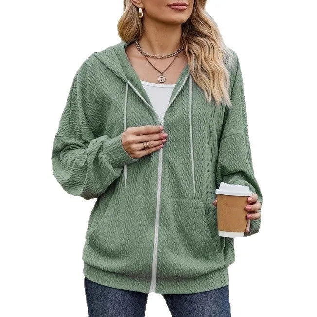 Green women's hooded sweater coat with a full-length front zipper, shown in a loose casual fit.