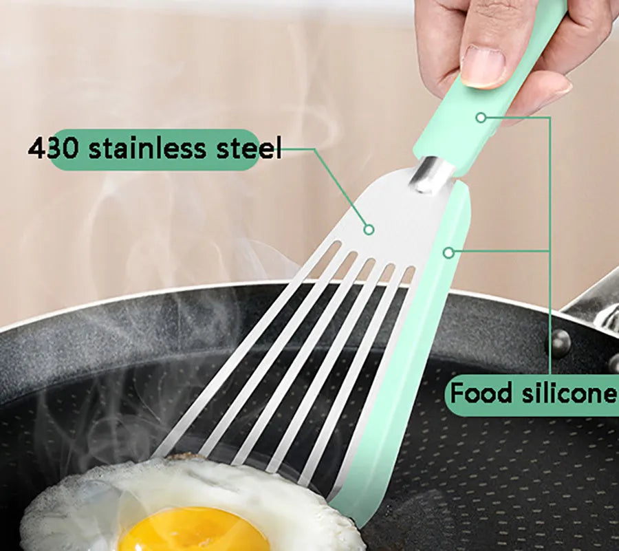 Nonstick fish spatula with thin 1mm slotted blade, silicone edge, and stainless steel core in green or yellow