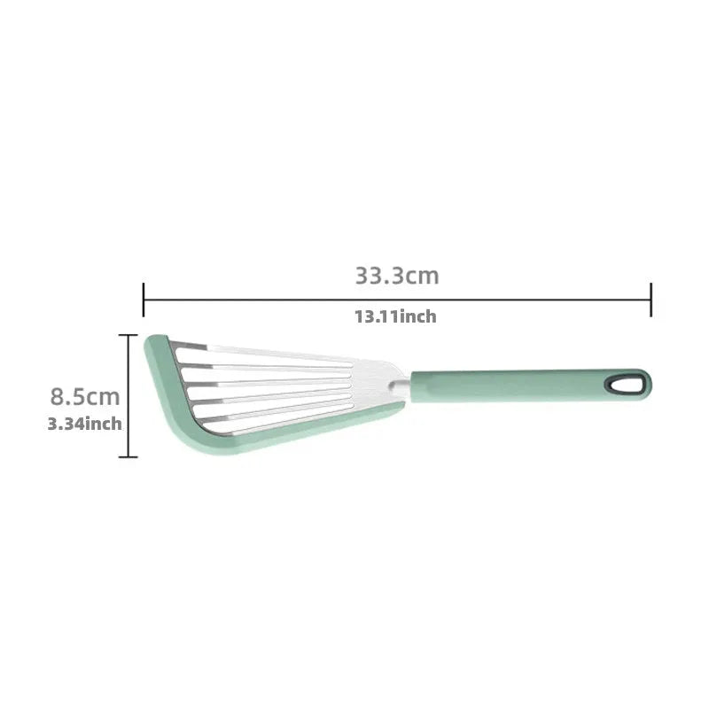 Nonstick fish spatula with thin 1mm slotted blade, silicone edge, and stainless steel core in green or yellow
