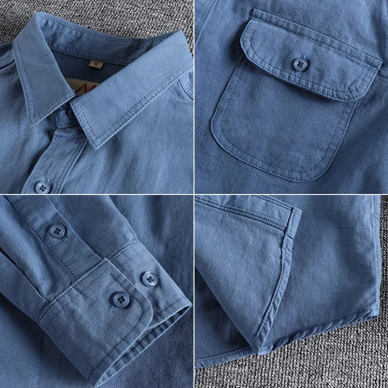 Men's solid colour cotton shirt with cardigan style collar in light blue, showing long sleeves and regular fit