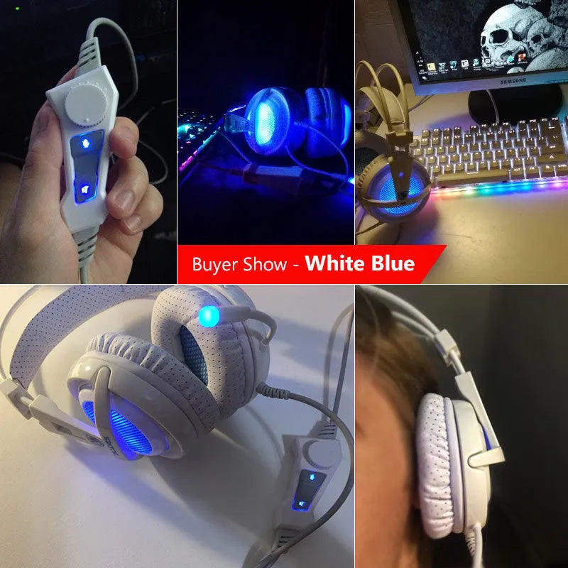 Black USB gaming headset with LED lights on ear cups, showing over-ear design.