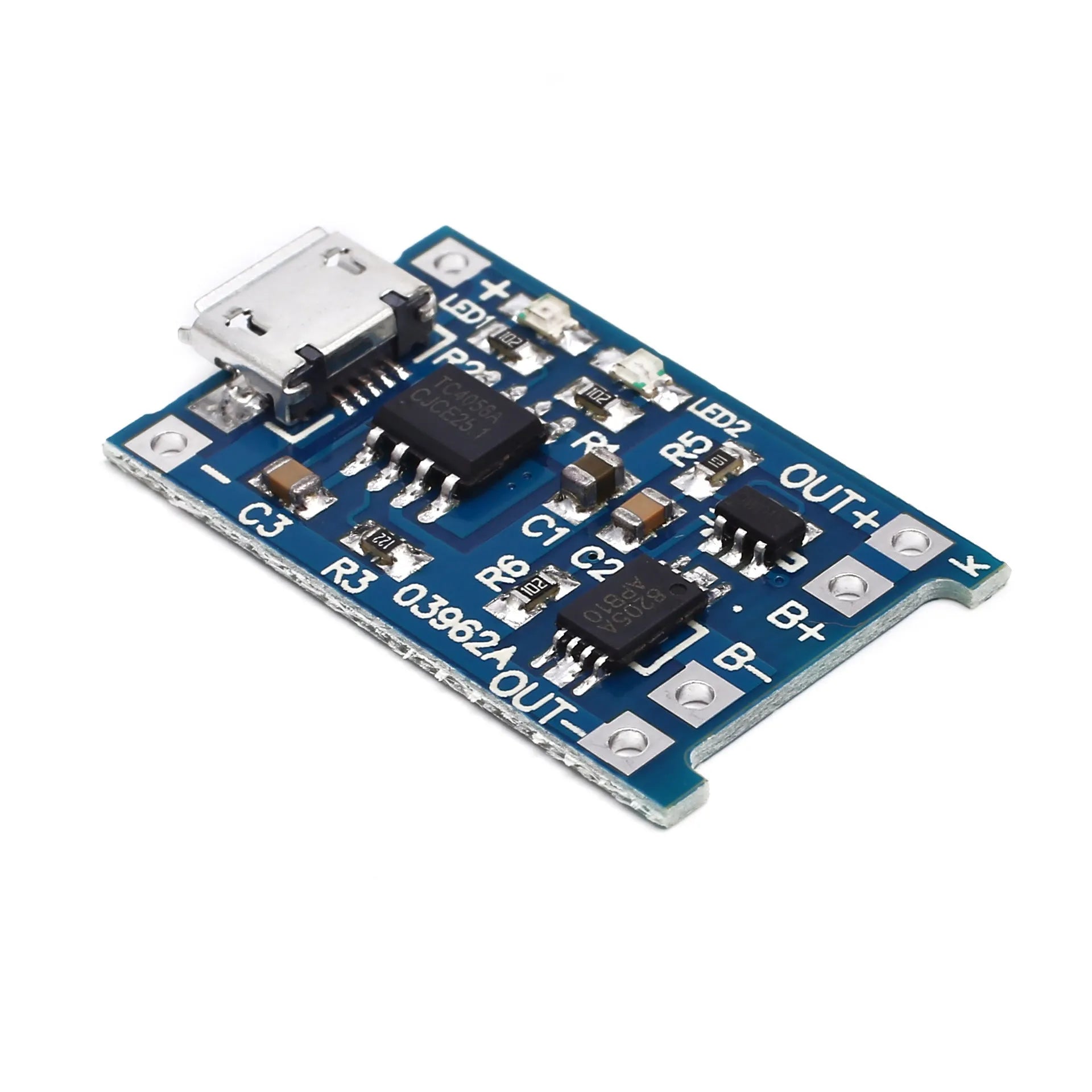 Blue lithium battery charging and protection circuit board with 5V input terminals.