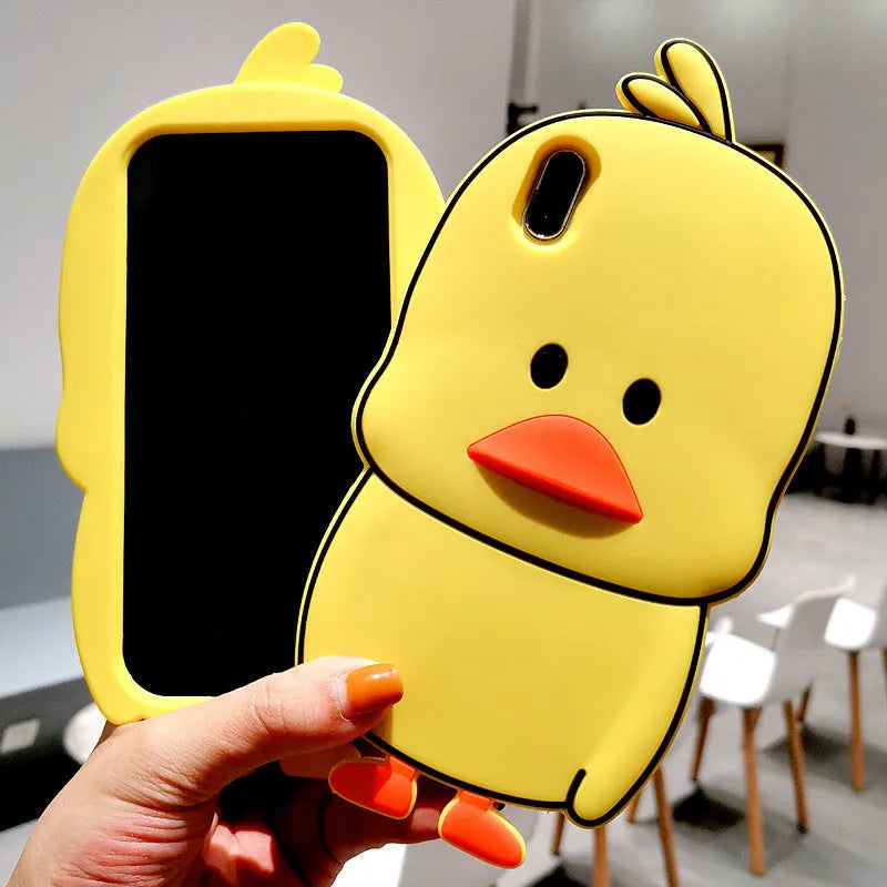 Green silicone iPhone case with cartoon animal design showing front and back views