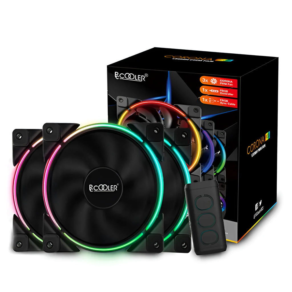 Three black 12cm RGB PC cooling fans with FRGB lighting and hydraulic bearing technology