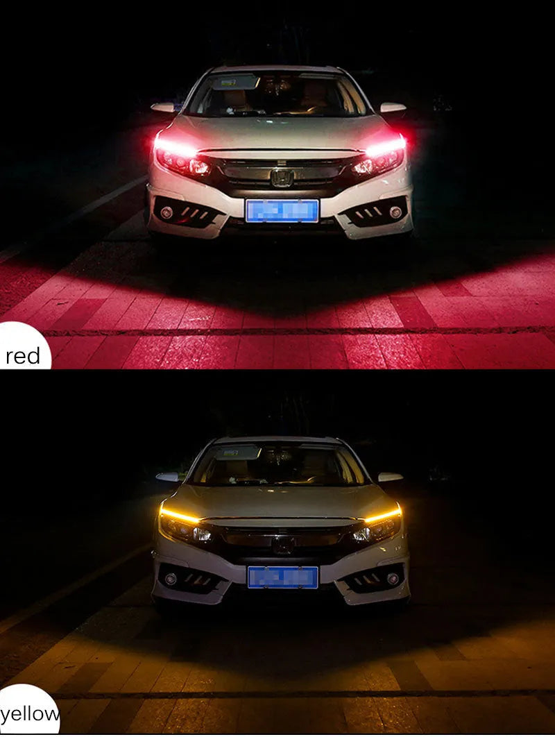 Flexible silicone car LED daytime running light strip with turn signal function, showing wire connections.