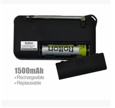 Golden Rolton W405 portable FM radio and MP3 speaker with LED display showing dimensions