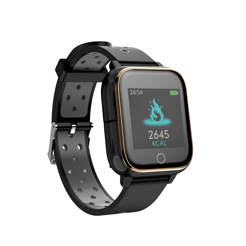 Black smartwatch with detachable Bluetooth earphones showing 1.4-inch touchscreen displaying heart rate and fitness data