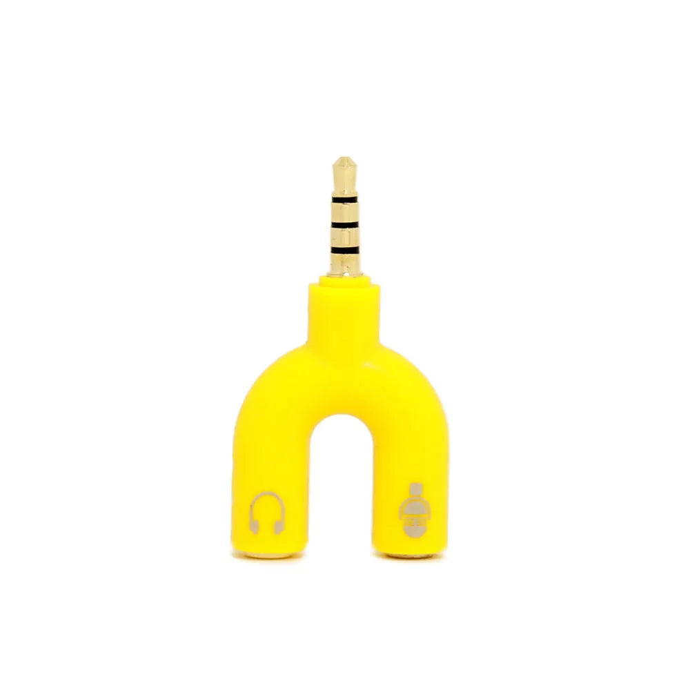 3.5mm audio splitter adapter with gold connectors in six colour options