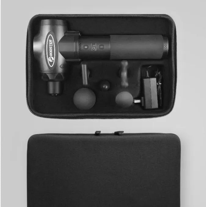 Black and white muscle massage gun with adjustable speed settings and a 12mm stroke.