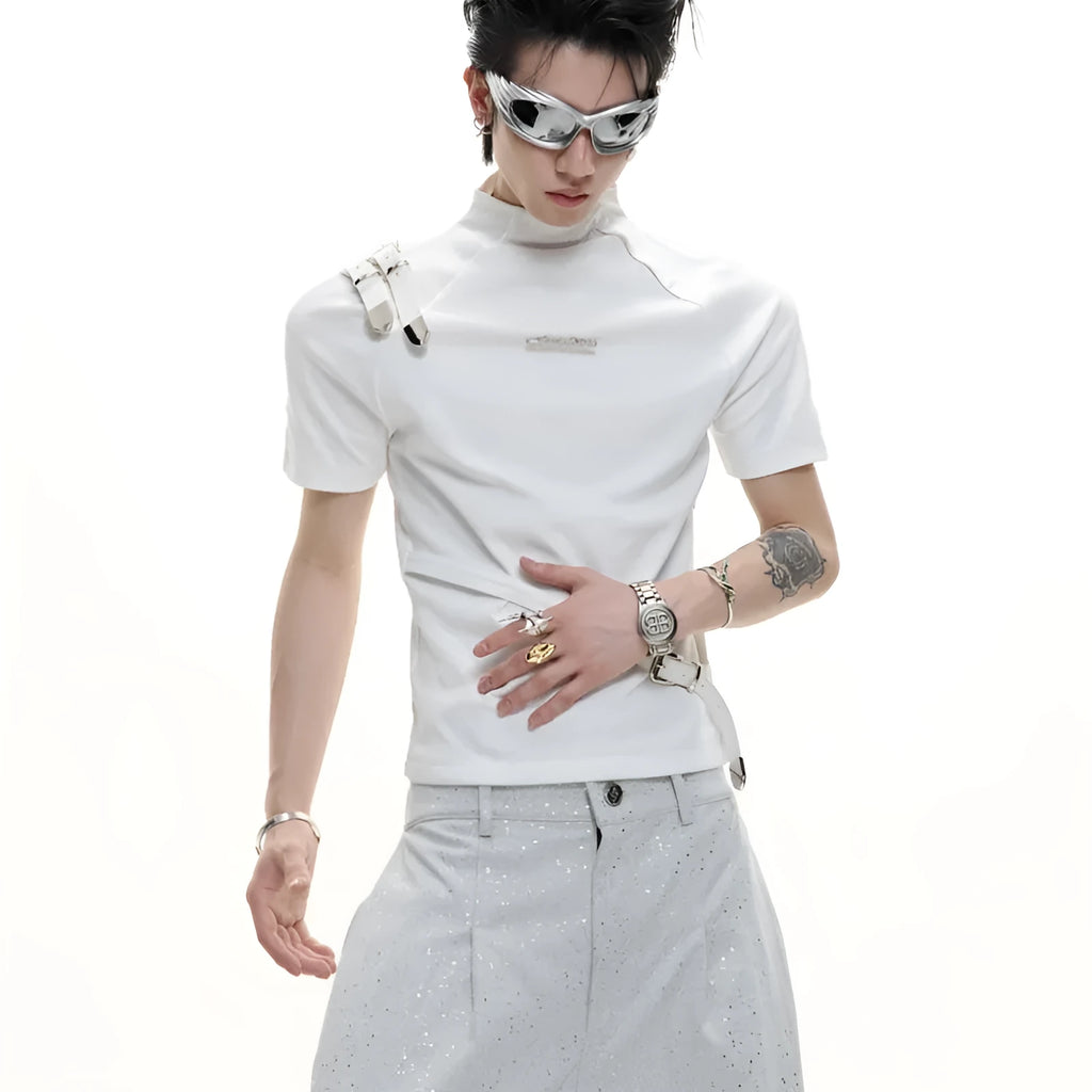 Cotton men's T-shirt with metal belt design and stand-up collar in black and white colours