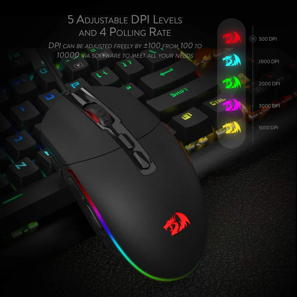 Black wired gaming mouse with 5000 DPI sensor, 9 buttons, USB cable and four-way scroll wheel for desktop PC