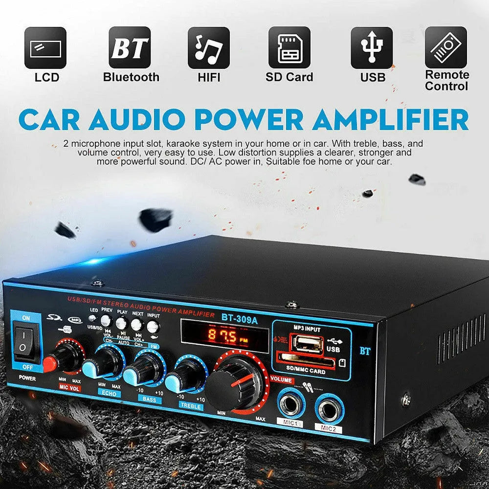 Black dual-purpose power amplifier with Bluetooth and recording functions for home and car audio
