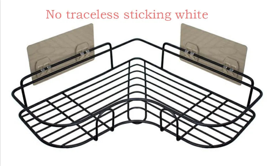 Punch-free iron single-layer corner rack for bathroom and kitchen storage in white or black with suction stickers.