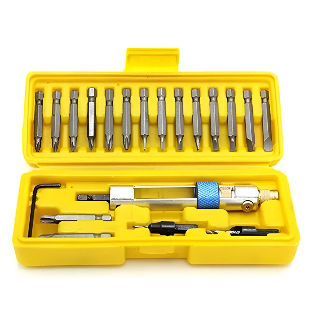 Half Time Drill swivel head attachment kit with driver handle and assortment of Phillips and flathead bits.