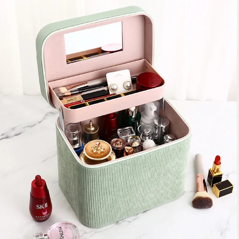 Corduroy cosmetic storage box in multiple colours with 24cm by 17cm by 10cm dimensions