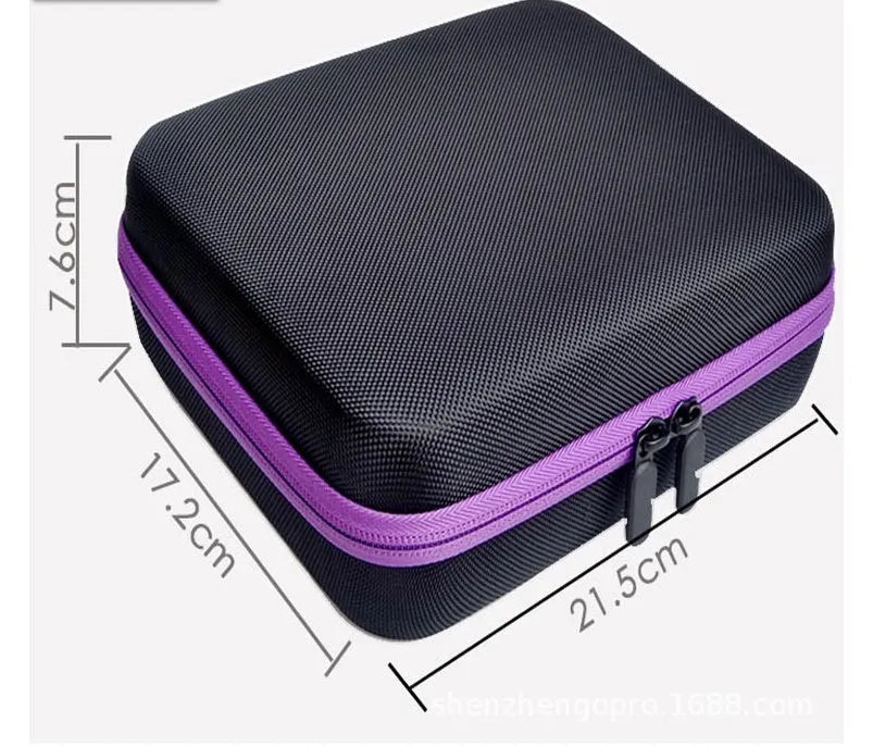 Cube-shaped essential oil storage bag with 30 compartments for 15ml bottles, shown in available colours.