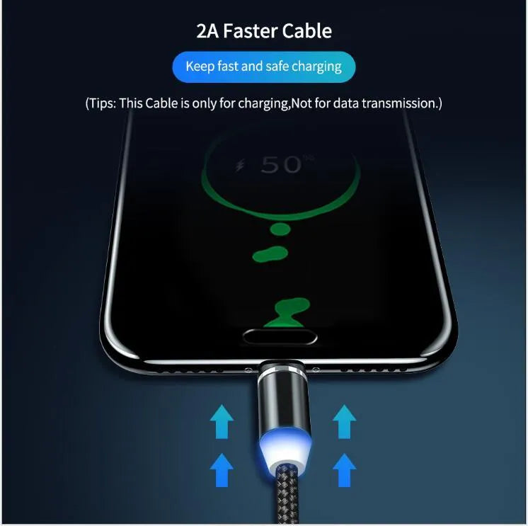 Black YBD 1m magnetic charging cable with LED light and cotton braided texture for iPhone and Android