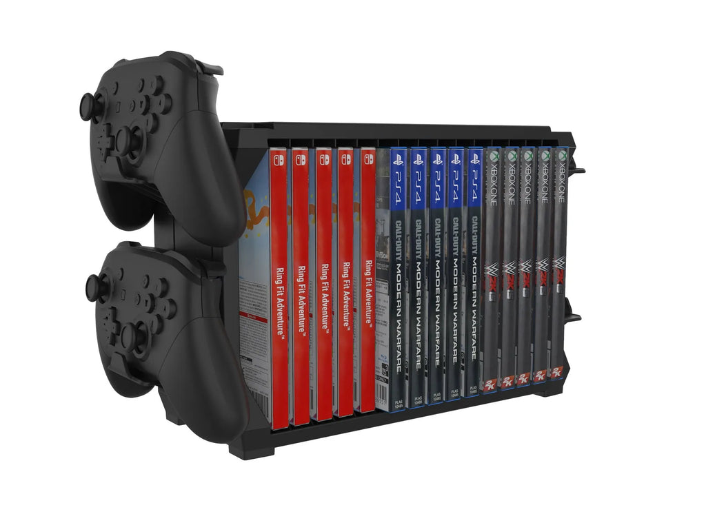 Black PS5 and Xbox Series X disc holder stand with slots for four game controllers