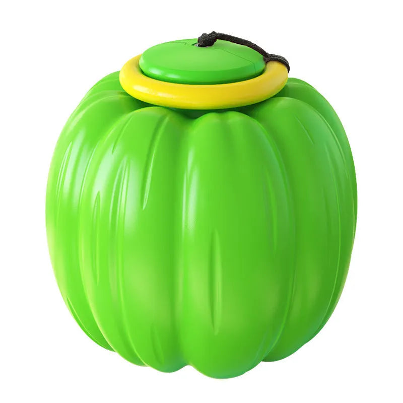 Green, orange, and yellow plastic pumpkin-shaped dog chew toy with squeaker for small dogs.
