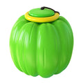 Green, orange, and yellow plastic pumpkin-shaped dog chew toy with squeaker for small dogs.