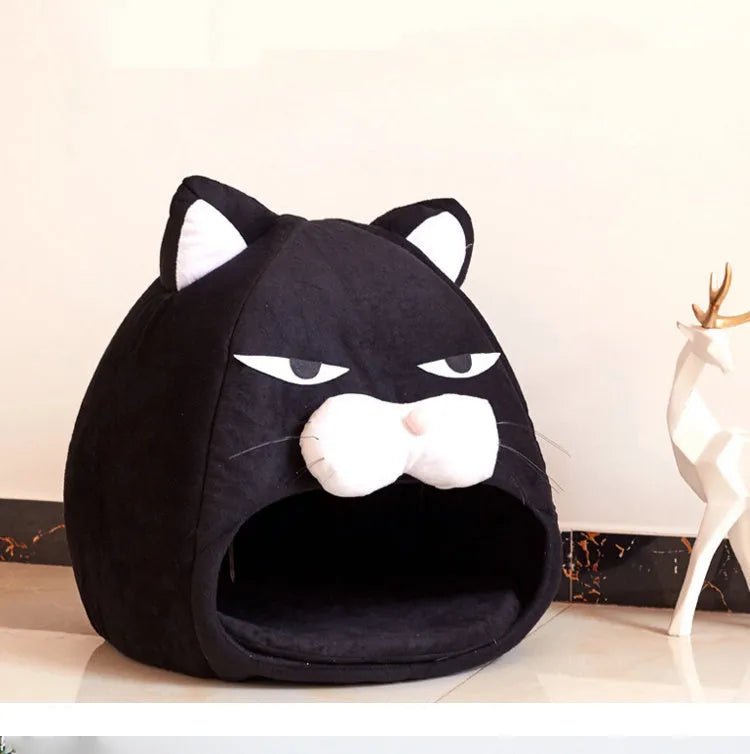 Black cube cat house bed in plush and waterproof nylon, 48cm or 38cm, removable and hand washable