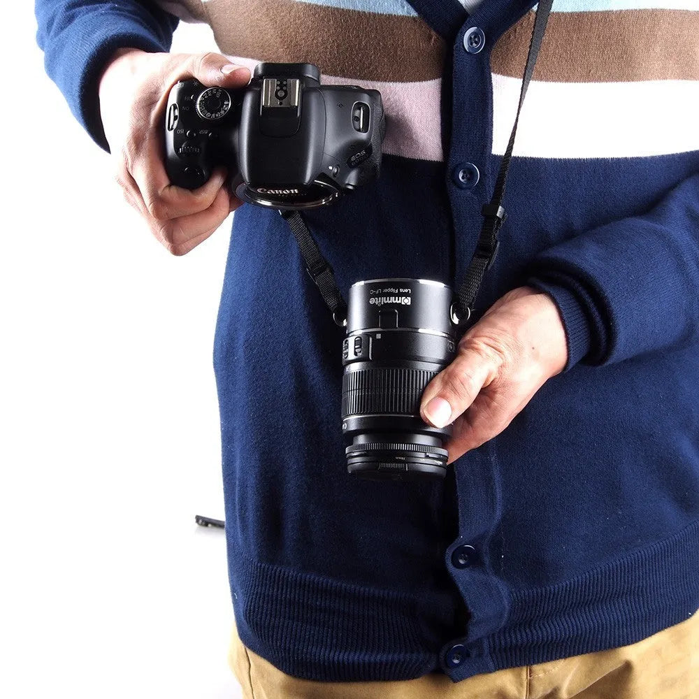 Camera lens flipper holder for Canon Nikon Sony E-Mount with aluminium body and shoulder strap