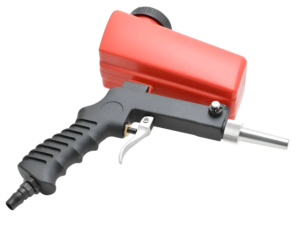 Portable pneumatic sandblasting gun with tank, shown in black or blue, for workshop surface cleaning.