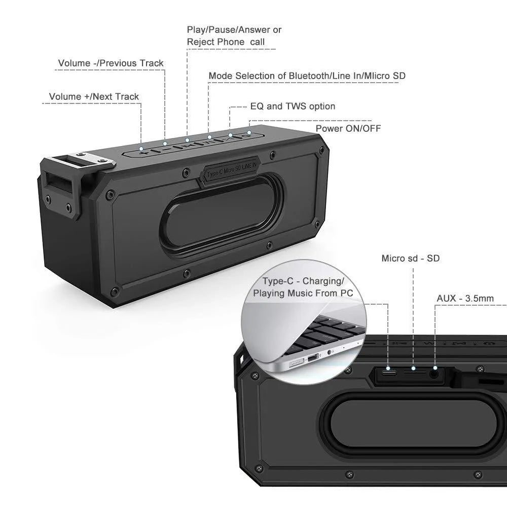 Black or blue waterproof portable Bluetooth speaker with carrying rope, showing front speaker grille and control buttons