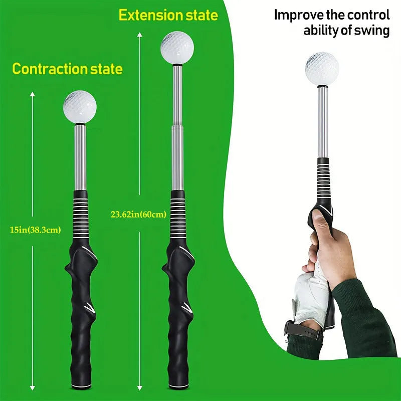 Telescopic golf swing simulator in stainless steel, shown in black, blue, and red colour options.