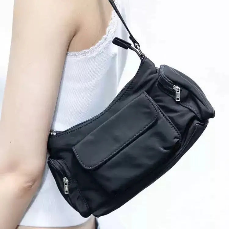 Black lightweight PU women's shoulder bag with double pockets and side-line detailing
