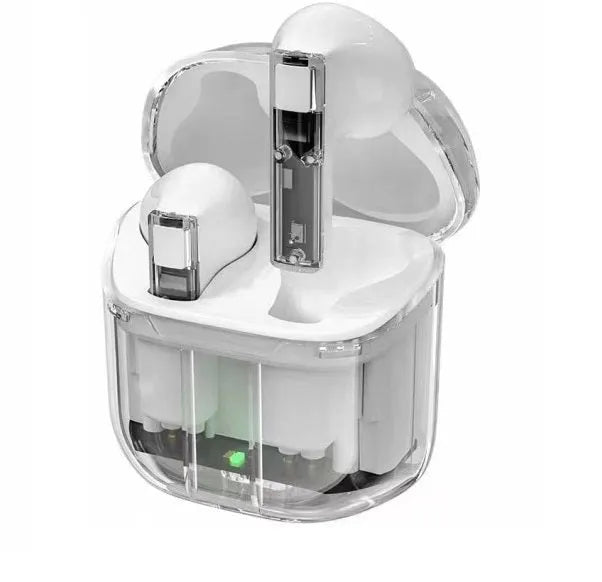 Transparent space capsule case Bluetooth earphones showing digital display screen